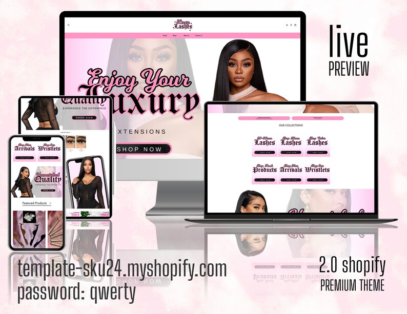 Pu&ograve; includere: Un mockup di un sito web per un negozio che vende ciglia, extensioni per capelli e altri prodotti di bellezza. Il sito web &egrave; rosa e nero con il testo "Enjoy Your Luxury" e "XTENSIONS". Il sito web &egrave; mostrato su un laptop, un tablet e un telefono.