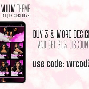 May include: A mobile phone screen displaying a website for hair extensions. The website has a pink and purple color scheme and features images of women with different hairstyles. The text on the screen reads "Perfect Hair" and "Buy 3 & More Designs and Get 30% Discount. Use code: wrcod30".