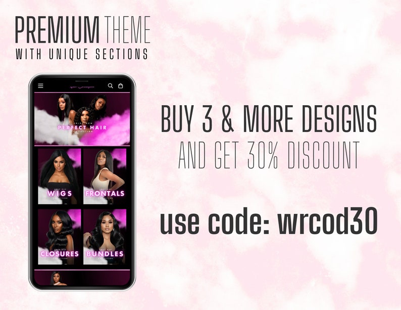 May include: A mobile phone screen displaying a website for hair extensions. The website has a pink and purple color scheme and features images of women with different hairstyles. The text on the screen reads "Perfect Hair" and "Buy 3 & More Designs and Get 30% Discount. Use code: wrcod30".