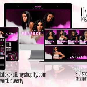 May include: A live preview of a Shopify website template for a hair extensions business. The website features a pink and black color scheme with images of women wearing hair extensions. The text on the website includes "Enjoy No Perfect Collection", "Wigs", "Frontals", "Closures", "Bundles", and "Shop Now Latest Arrivals".