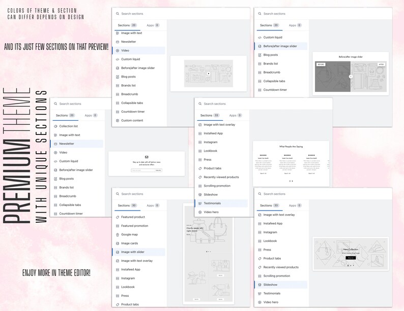 Pu&ograve; includere: Uno screenshot di un sito web che mostra diverse sezioni disponibili per un tema premium. Le sezioni includono "Immagine con sovrapposizione di testo", "Instagram", "Lookbook", "Stampa", "Schede prodotto", "Prodotti visualizzati di recente", "Promozione scorrevole", "Slideshow", "Testimonianze" e "Eroe video".