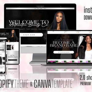 Può includere: Un mockup di un sito web per un negozio di prodotti di bellezza. Il sito web è bianco e nero con accenti rosa. Il sito web presenta un modello con lunghi capelli neri, e il testo "Benvenuti in Authentic Beauty Co.". Il sito web presenta anche una call to action per "Acquista ora".