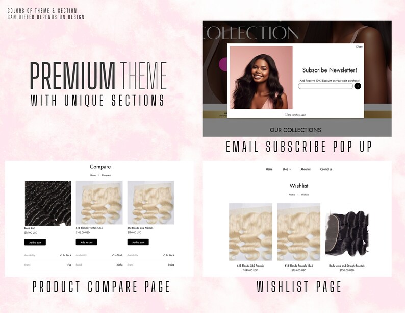 May include: Website screenshots showing different pages of an online store selling hair extensions. The pages include a product compare page, a wishlist page, and an email subscribe pop-up. The website has a pink and gray color scheme and features a premium theme with unique sections.