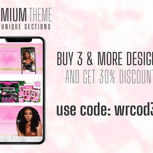 May include: A phone screen displaying a pink and white design with the text "PREMIUM THEME WITH UNIQUE SECTIONS". The phone screen shows three different designs for social media posts. The text "BUY 3 & MORE DESIGNS AND GET 30% DISCOUNT use code: wrcod30" is displayed on the screen.