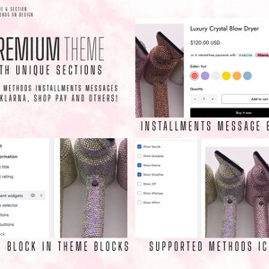 May include: A crystal-encrusted blow dryer in pink, purple, and gold colors. The product is displayed on a white background with the text "Luxury Crystal Blow Dryer" and "$120.00 USD". The image also shows payment options including Sezzle, Klarna, and Shop Pay.