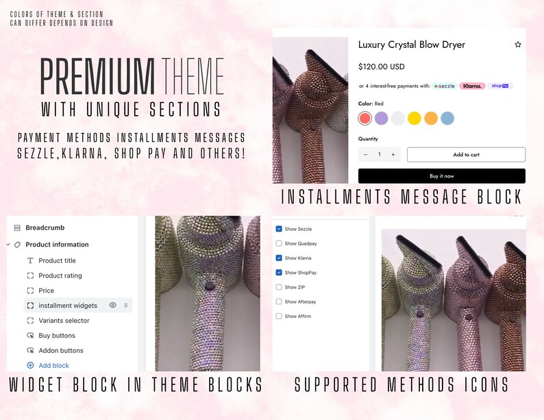 May include: A crystal-encrusted blow dryer in pink, purple, and gold colors. The product is displayed on a white background with the text "Luxury Crystal Blow Dryer" and "$120.00 USD". The image also shows payment options including Sezzle, Klarna, and Shop Pay.