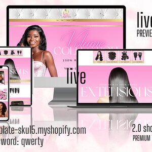 May include: A website mockup for a hair extensions business. The website is pink and white with a gold logo. The text on the website says "Volume Collection" and "Your hair is your crown, Extensions". The website is displayed on a laptop, tablet, and phone.