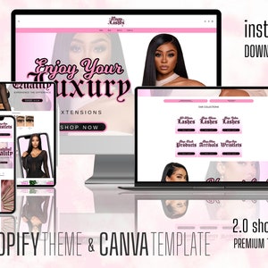 Pu&ograve; includere: Un mockup di un design di sito web per un negozio che vende extensioni per capelli e ciglia. Il sito web &egrave; rosa e nero con il testo "Enjoy Your Luxury" e "XTENSIONS". Il sito web presenta anche un pulsante "Acquista ora". L'immagine include anche un mockup di un telefono e un laptop.