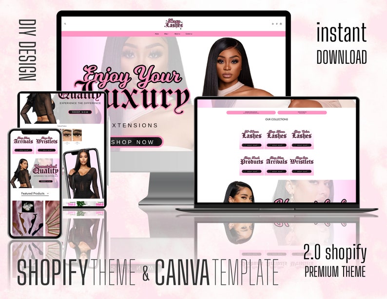 Pu&ograve; includere: Un mockup di un design di sito web per un negozio che vende extensioni per capelli e ciglia. Il sito web &egrave; rosa e nero con il testo "Enjoy Your Luxury" e "XTENSIONS". Il sito web presenta anche un pulsante "Acquista ora". L'immagine include anche un mockup di un telefono e un laptop.