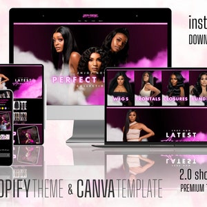 May include: A mockup of a Shopify theme for a hair extensions business. The theme features a pink and black color scheme with images of women wearing hair extensions. The text on the theme says "Enjoy No Perfect Collection", "Wigs", "Frontals", "Closures", "Bundles", "Shop Now", "Latest Arrivals", and "2.0 Shopify Premium Theme".