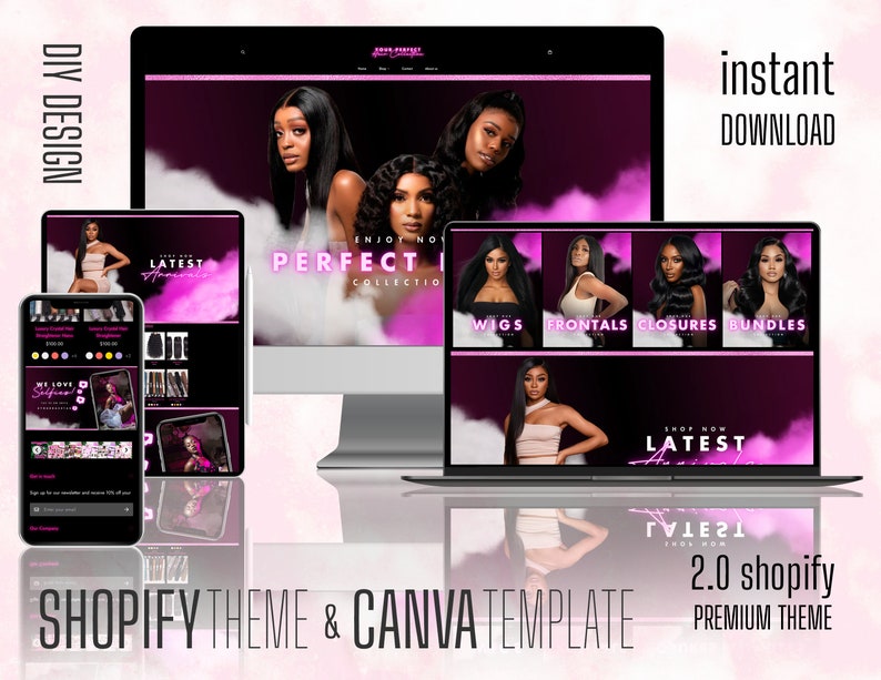 May include: A mockup of a Shopify theme for a hair extensions business. The theme features a pink and black color scheme with images of women wearing hair extensions. The text on the theme says "Enjoy No Perfect Collection", "Wigs", "Frontals", "Closures", "Bundles", "Shop Now", "Latest Arrivals", and "2.0 Shopify Premium Theme".