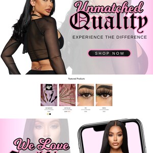 Pu&ograve; includere: Una homepage di un sito web per un'azienda che vende extension per capelli e ciglia. Il sito web presenta uno schema di colori rosa e nero con immagini di modelle che indossano i prodotti. Il testo sul sito web include "Enjoy Your Luxury", "Unmatched Quality" e "We Love Selfies".