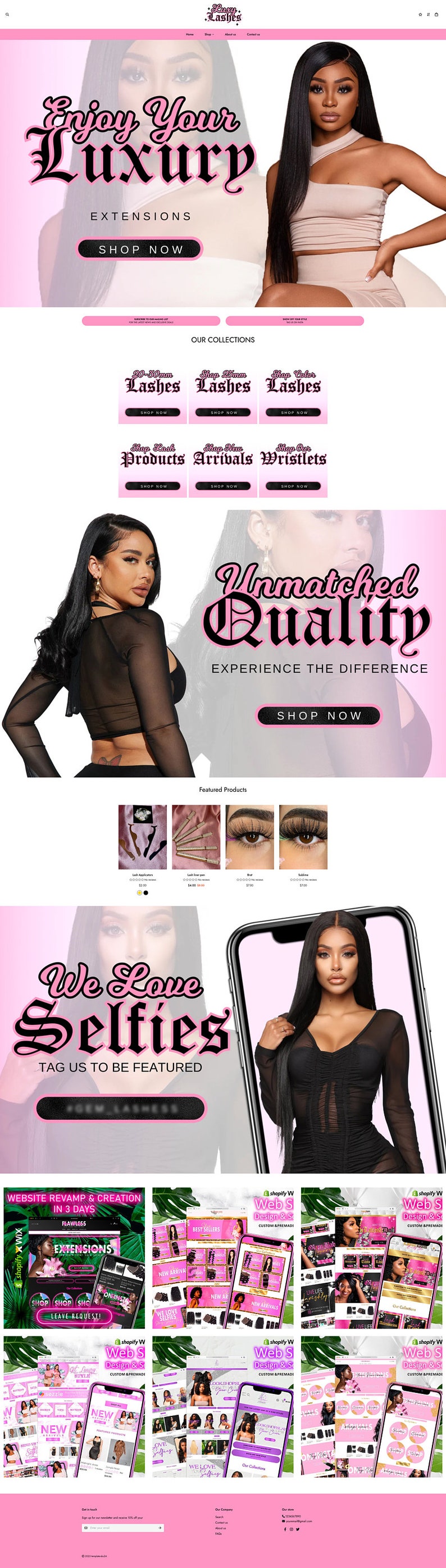 Pu&ograve; includere: Una homepage di un sito web per un'azienda che vende extension per capelli e ciglia. Il sito web presenta uno schema di colori rosa e nero con immagini di modelle che indossano i prodotti. Il testo sul sito web include "Enjoy Your Luxury", "Unmatched Quality" e "We Love Selfies".