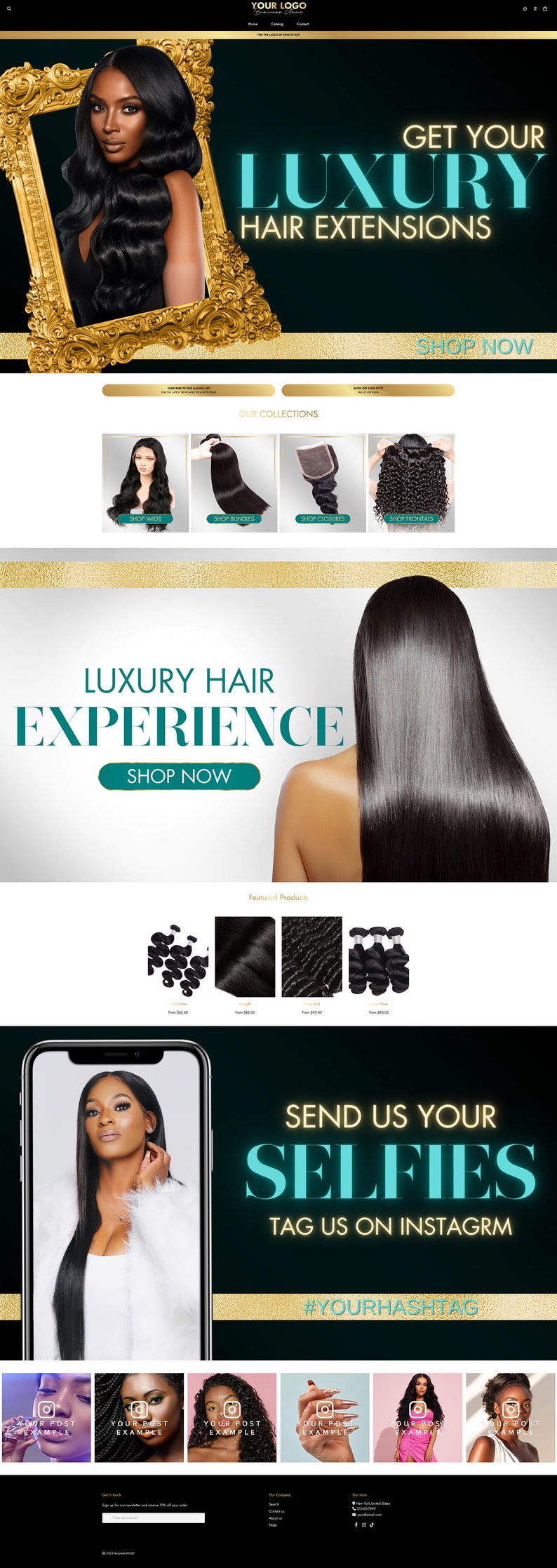 May include: Website homepage for a hair extensions company. The website features a model with long, black hair extensions. The website also features a variety of hair extensions, including bundles, closures, and frontals. The website also includes a call to action to "Shop Now".