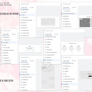 May include: A screenshot of a website showing different sections available for a premium theme. The sections include "Image with text overlay", "Instagram", "Lookbook", "Press", "Product tabs", "Recently viewed products", "Scrolling promotion", "Slideshow", "Testimonials", and "Video hero".