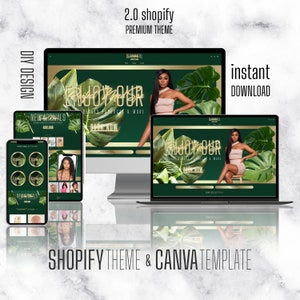 May include: A mockup of a Shopify theme for a beauty and wellness business. The theme features a green and gold color scheme with tropical leaf imagery. The text "Enjoy Your Beauty Spa" is displayed in a gold font. The theme is available for instant download.