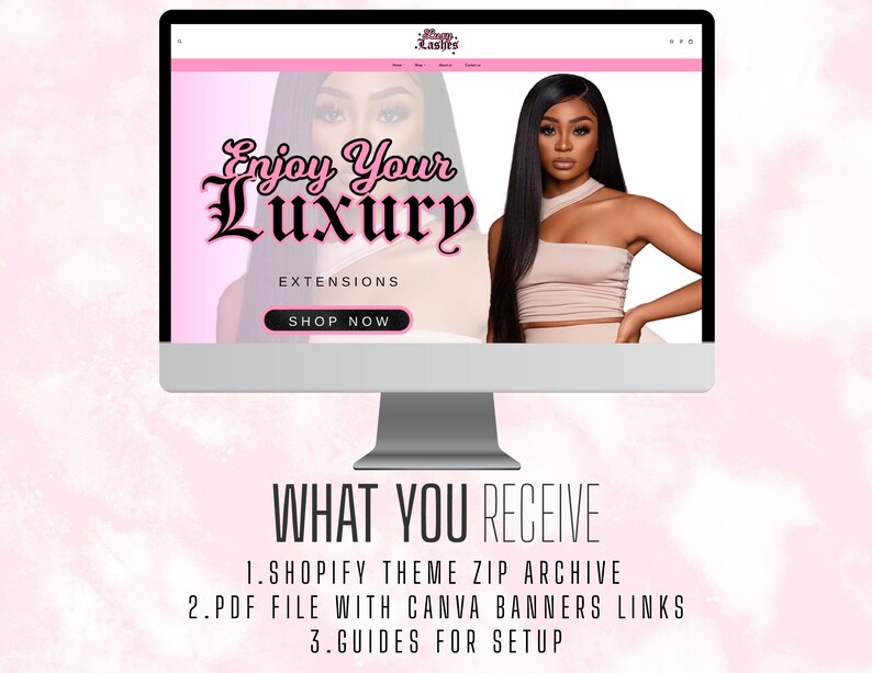 Pu&ograve; includere: Uno schermo di computer che mostra un sito web per extensioni di capelli. Il sito web ha uno sfondo rosa e il testo "Enjoy Your Luxury" in grassetto nero. Il testo "EXTENSIONS" &egrave; sotto il testo principale e il pulsante "SHOP NOW" &egrave; sotto quello. Il sito web &egrave; per un'azienda chiamata "Luxury Lashes".