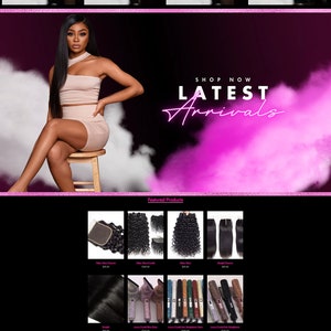 May include: Website homepage for a hair extensions company called "Your Perfect Hair Collection". The website features images of women with different hairstyles, including wigs, frontals, closures, and bundles. The website also features a section for "Latest Arrivals" and "Featured Products".