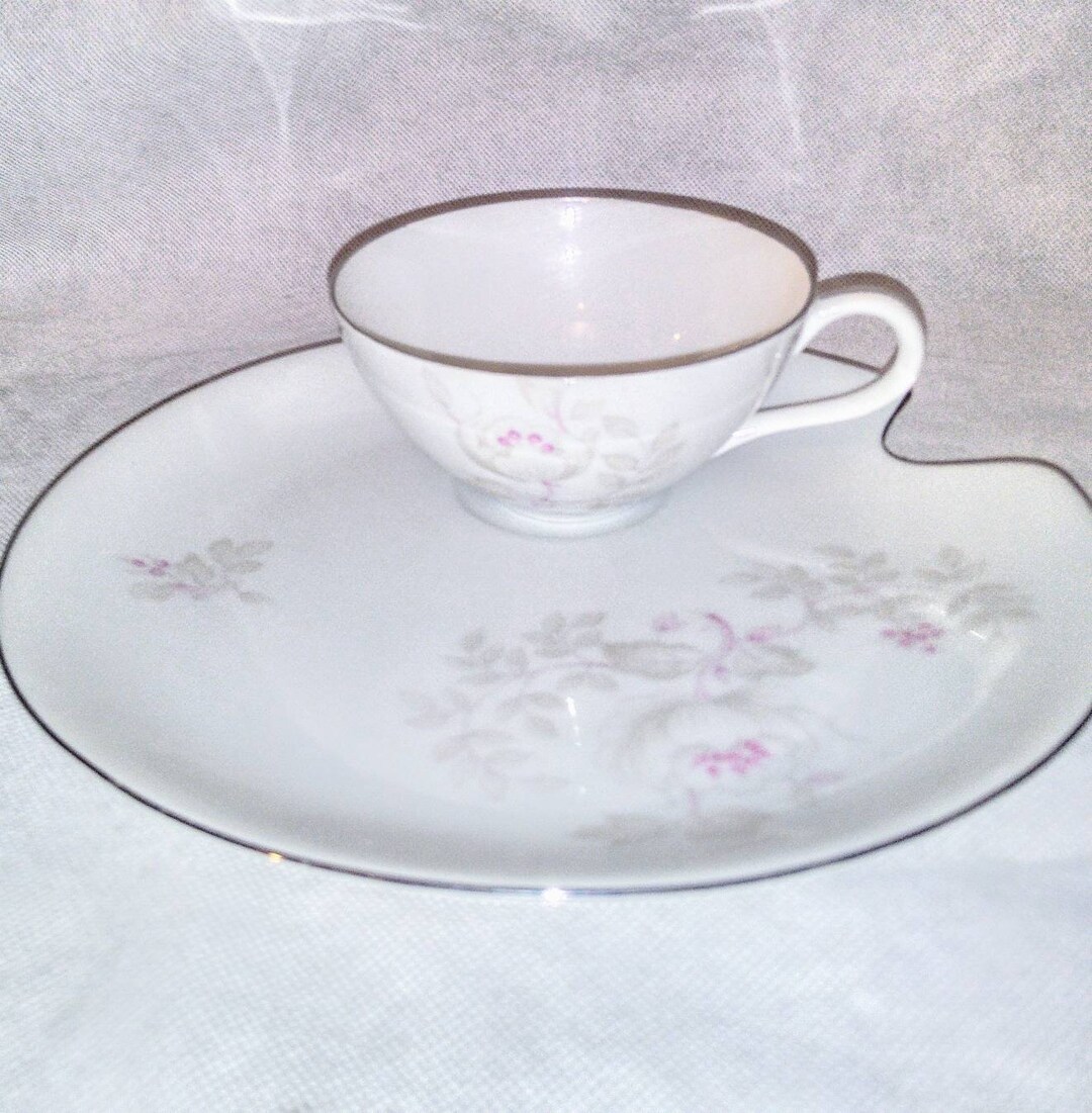 Vintage Porcelain Fine China Delicate Pink Floral Two Piece Snack Set