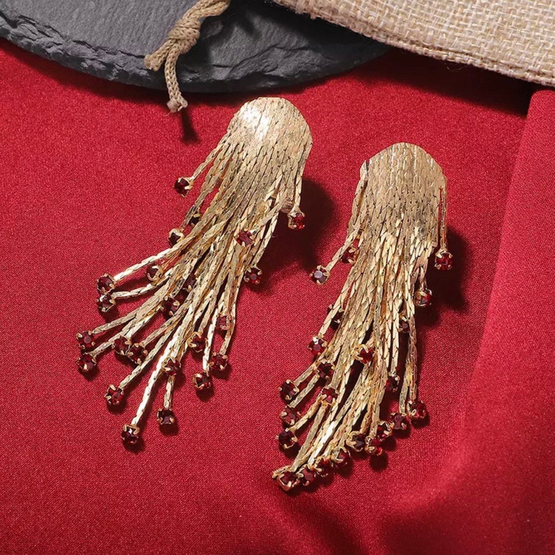 Gold snake chain tassel earrings long tassel gold red tip gemstone earrings boho festival gold plated snake chain sleek fringe earrings