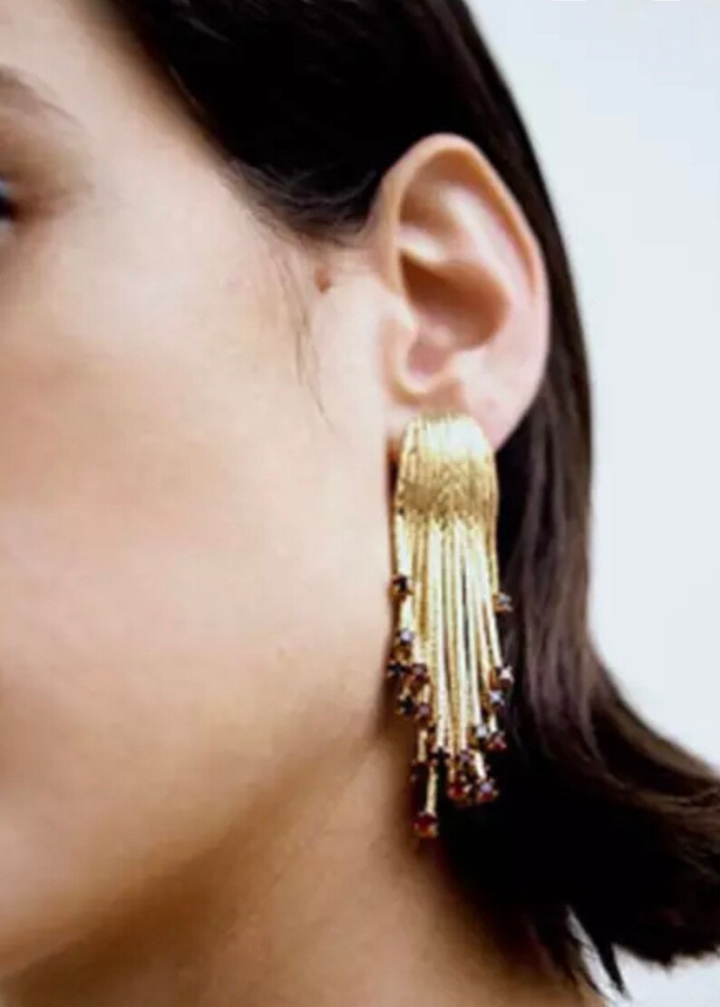 Gold snake chain tassel earrings long tassel gold red tip gemstone earrings boho festival gold plated snake chain sleek fringe earrings