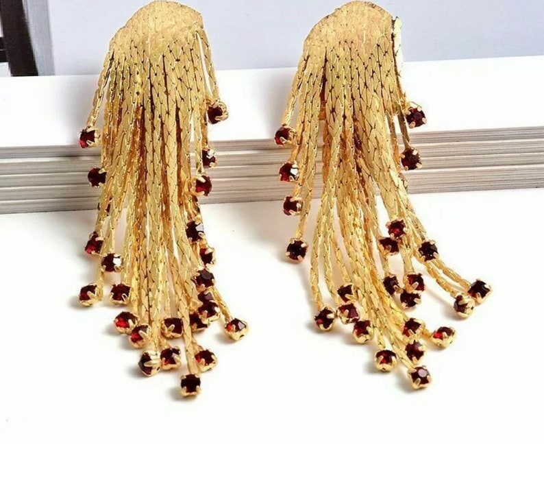 Gold snake chain tassel earrings long tassel gold red tip gemstone earrings boho festival gold plated snake chain sleek fringe earrings