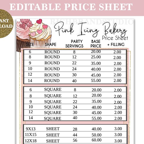 Cupcake Theme Bakery Price Sheet Bakery Price List Cake Etsy