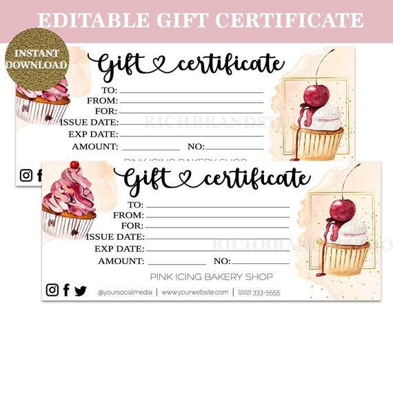 Bakery Gift Certificate Editable Gift Certificate Gift Etsy