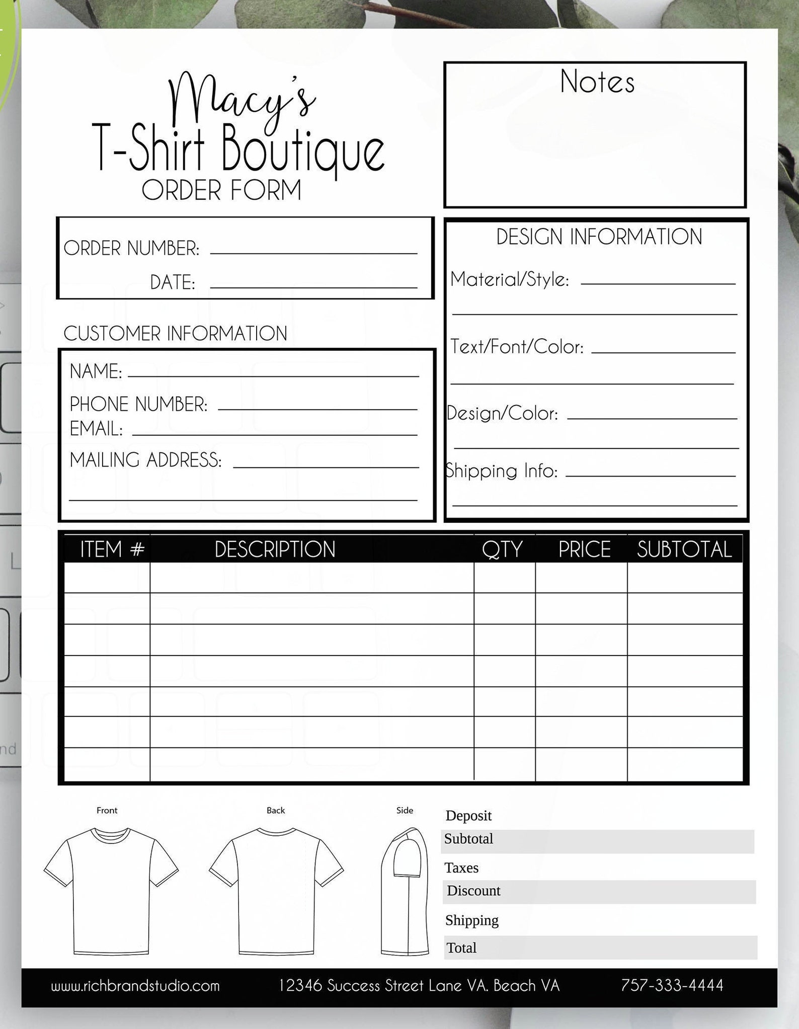 Custom Tshirt Invoice Order Form Template DIY Printable | Etsy