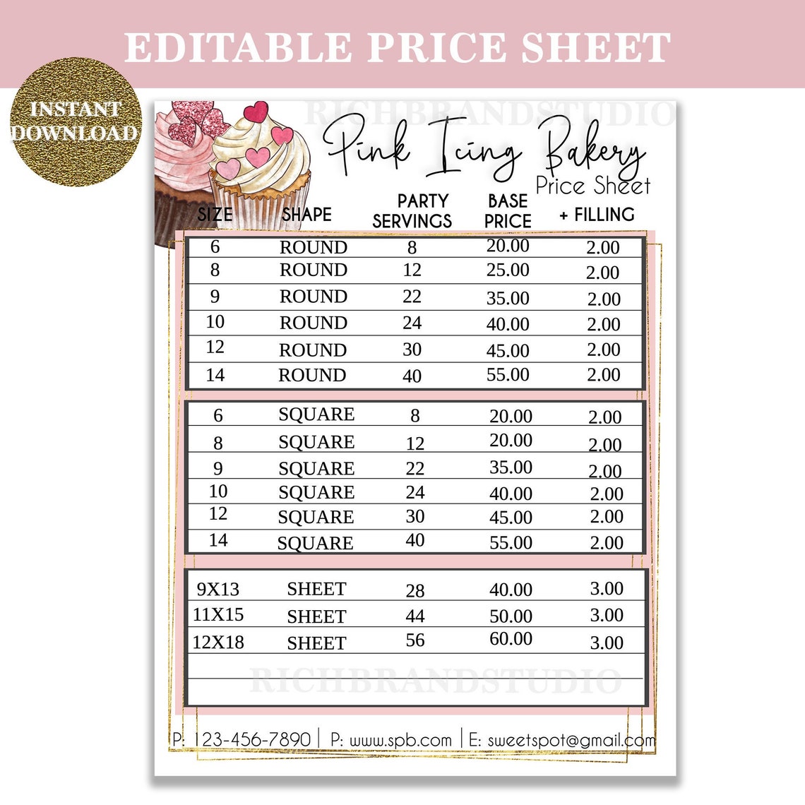 Cupcake Theme Bakery Price Sheet Bakery Price List Cake | Etsy