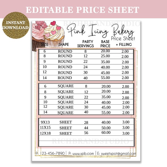Cupcake Theme Bakery Price Sheet Bakery Price List Cake Etsy