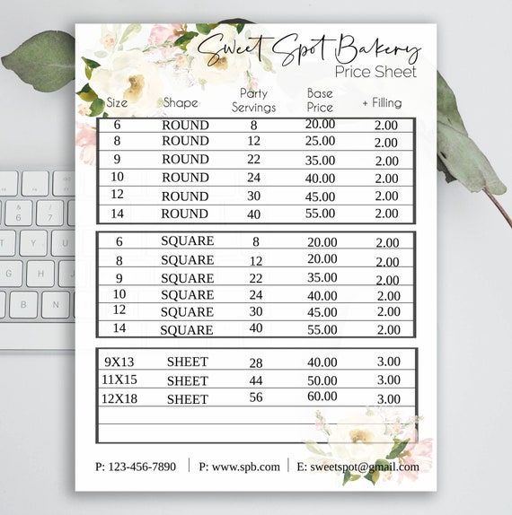 Cake Price Sheet Bakery Price List Template Editable Price Etsy