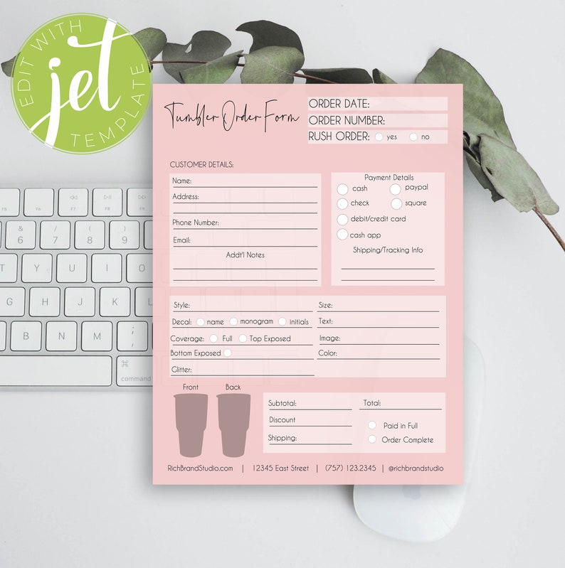 printable tumbler order form editable tumbler order form