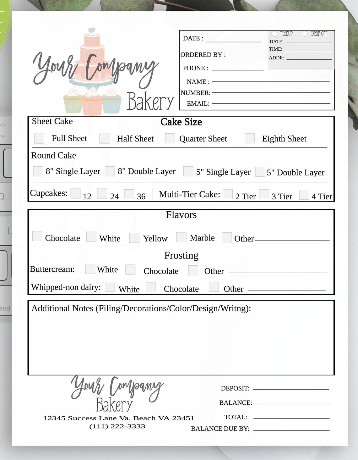 cake order form printable invoice form editable bakery order etsy