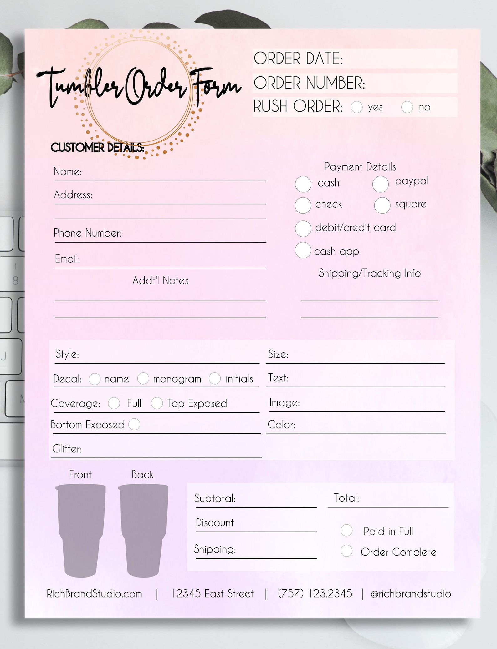 Tumbler Order Form Template Free