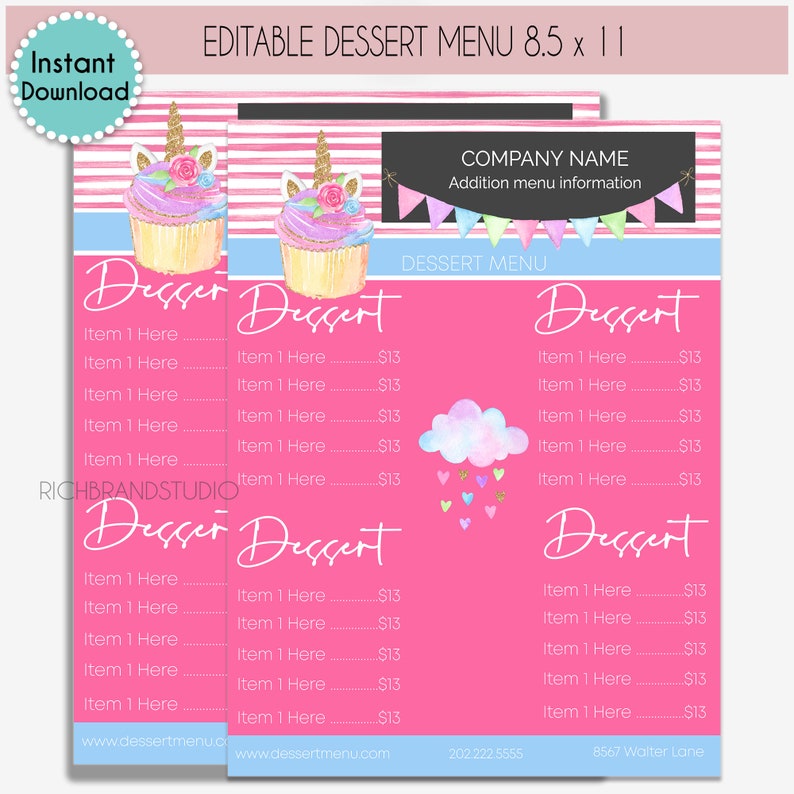 Unicorn Dessert Menu Template Unicorn Bakery Menu Bakery ...