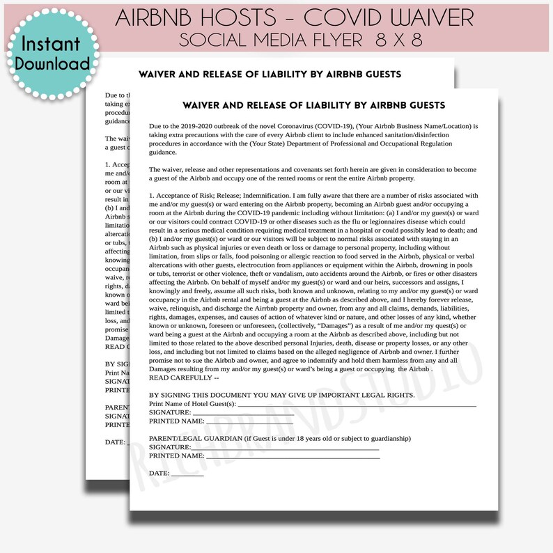 Airbnb COVID19 Consent Form COVID Release Waiver Liability & Etsy