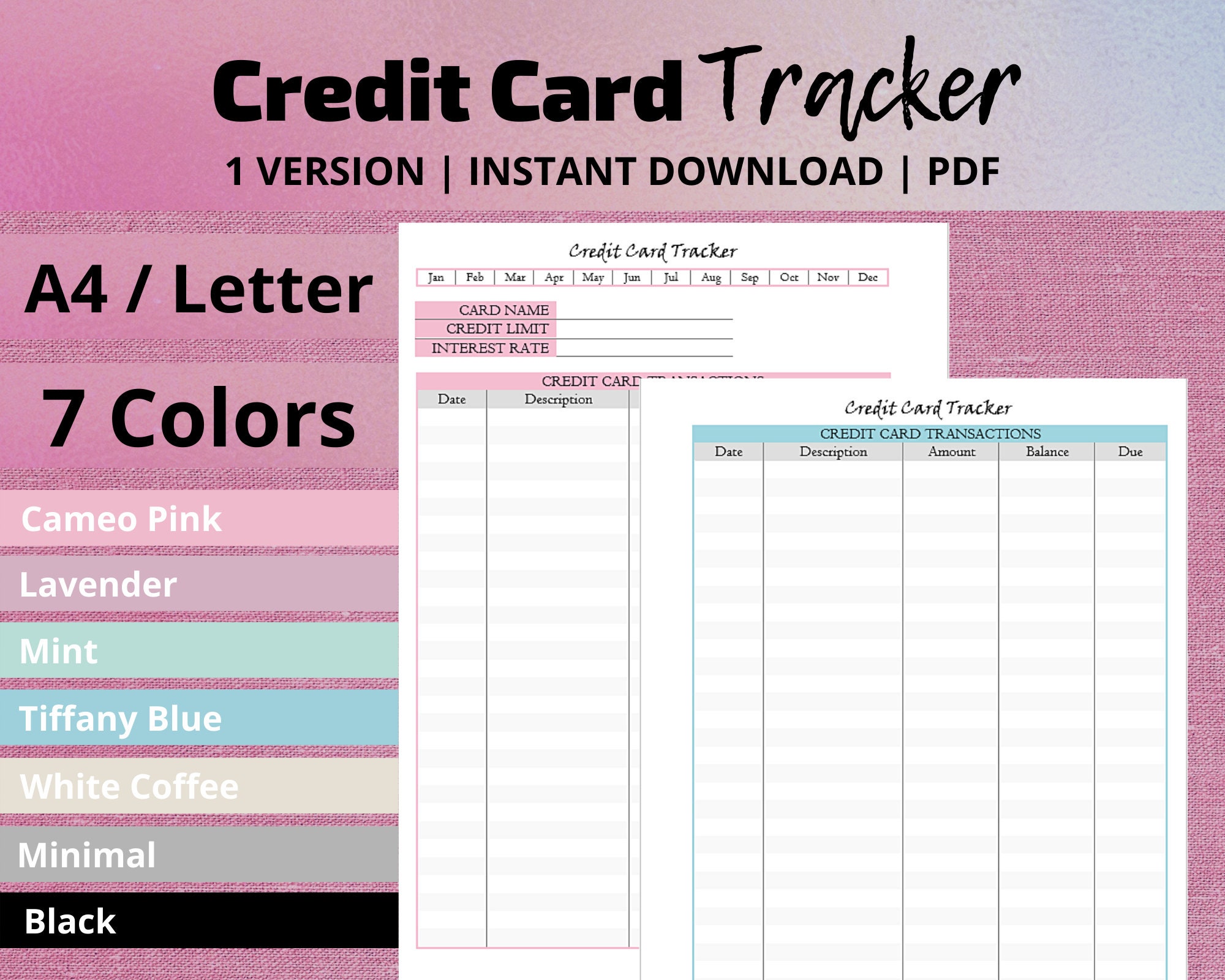 Credit Card Tracker Printable Finance Planner Insert Etsy