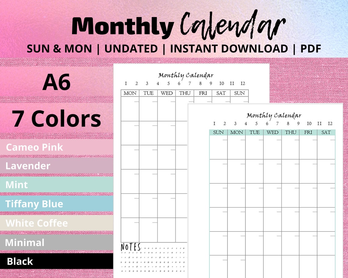 A6 Monthly Calendar Printable Monthly Planner Personal | Etsy