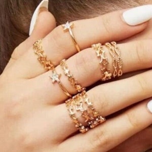 10 Piece Gold Star Ring Set, Gold Rhinestone Star Rings, Gold Star