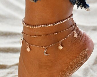Boho Flower Star Moon Crystal Anklets Beach Ankle Bracelet Jewellery Perfect mothers day gift Silver Crescent Moon Layered Charm Anklet