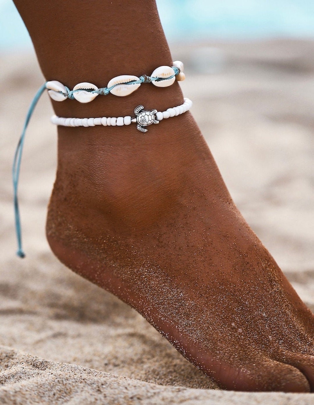 Sea Turtle & Cowrie Shell Anklets 2 Pc, Anklet Set, Sea Turtle
