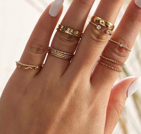 14 Piece Minimalist Gold Ring Set, Simple Gold Stackable Rings