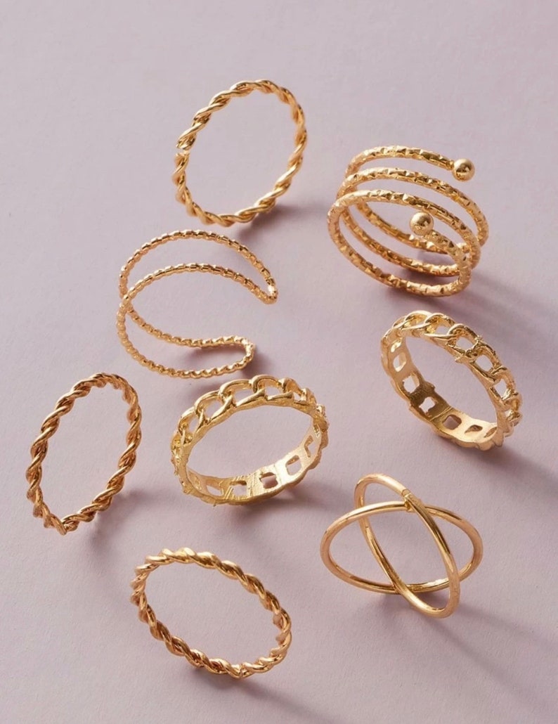 8 Piece Gold Minimalist Ring Set Gold Textured Rings Gold Etsy