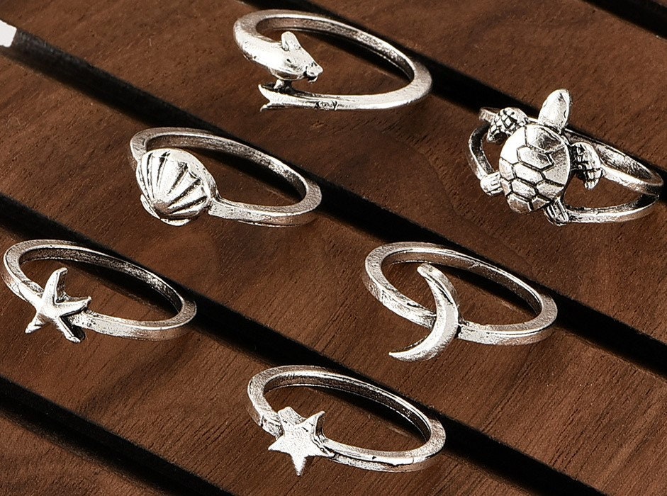 6 Piece Beachy Ring Set Cute Beach Themed Rings Whimsical Etsy