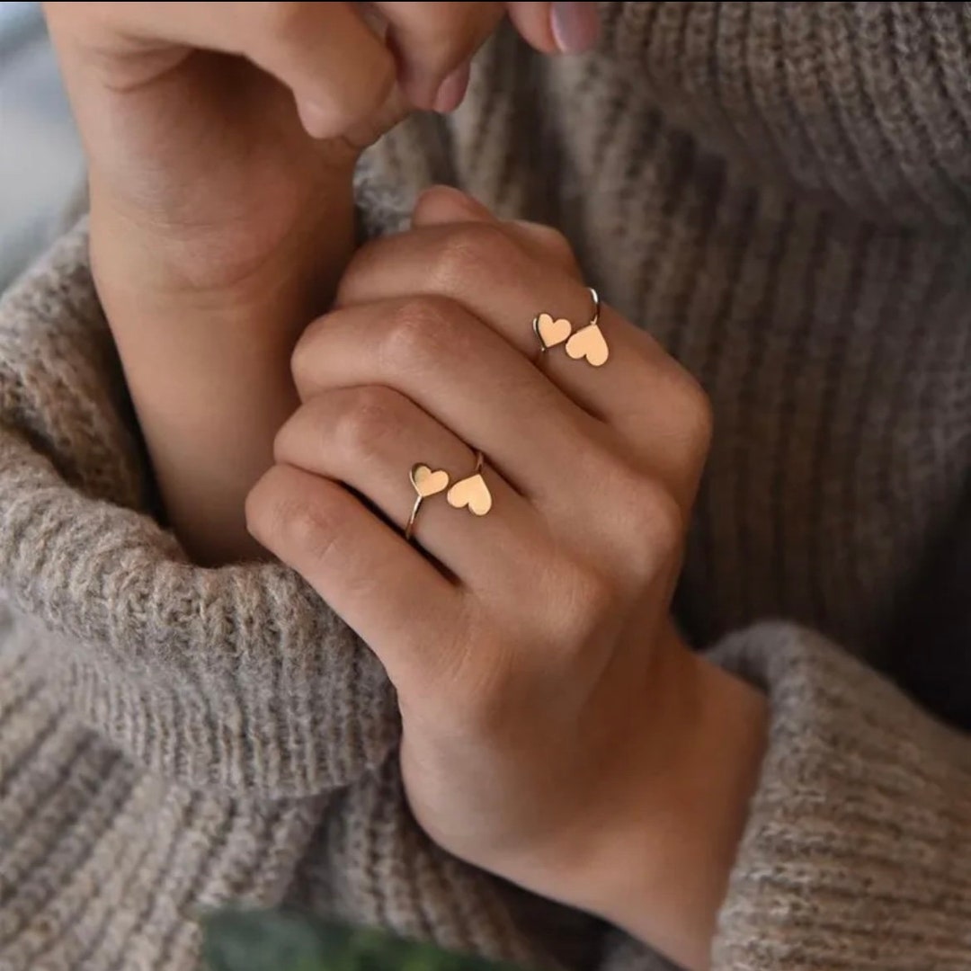Set of 2 Gold Heart Rings Gold Double Heart Ring Valentines Etsy