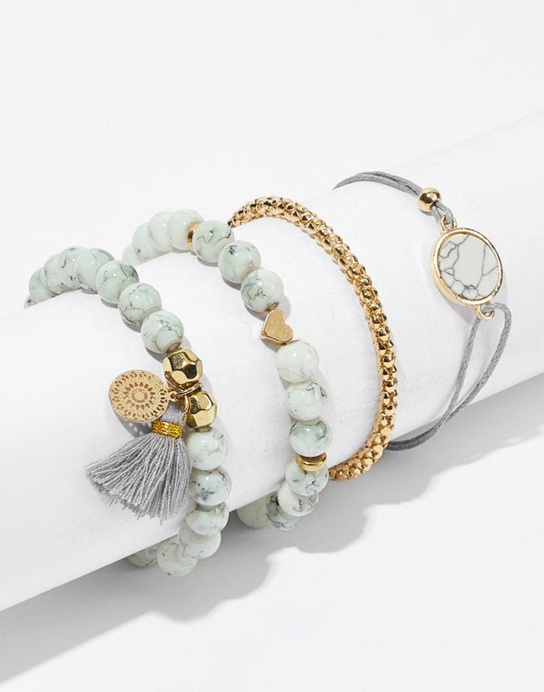 4 Piece Marble Beaded Bracelet Set Charm Bracelet Marble Etsy