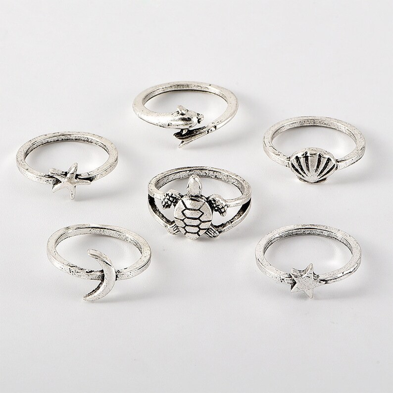 6 Piece Beachy Ring Set Cute Beach Themed Rings Whimsical Etsy