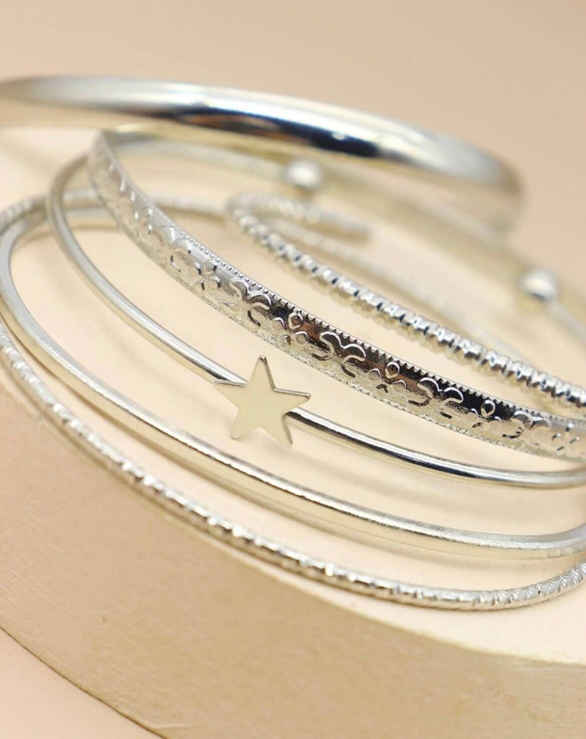 6 Piece Silver Bangle Bracelet Set, Silver Star Cuff