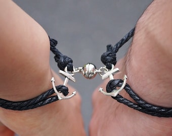 Bracelets ancre, bracelet magnétique pour couple, cadeau meilleur ami assorti Bracelets LDR, coeur gravé avec nœud coulissant réglable